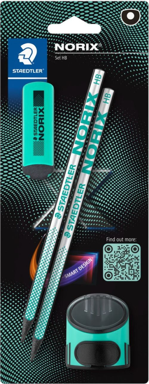 Blister 2 lápiz de grafito norix + afilalápices + goma turquesa