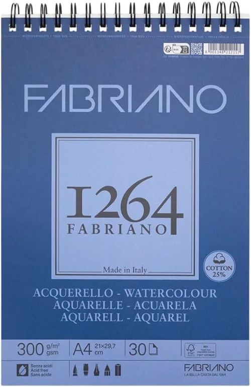 Bloc espiral fabriano 1264 acuarela 25% algodón a4 30h 300g. grano fino
