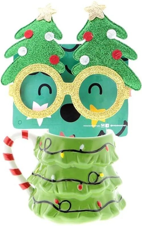 Taza con forma de árbol de Navidad de 350 ml + vasos con motivos navideños
