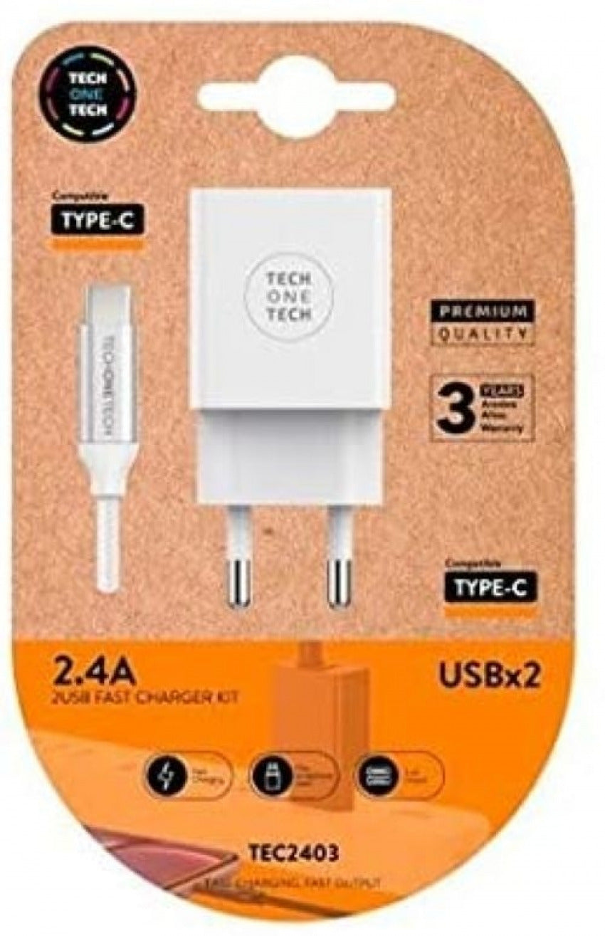 CARGADOR DOBLE + CABLE BRAIDED NYLON USB-C COR BRANCO