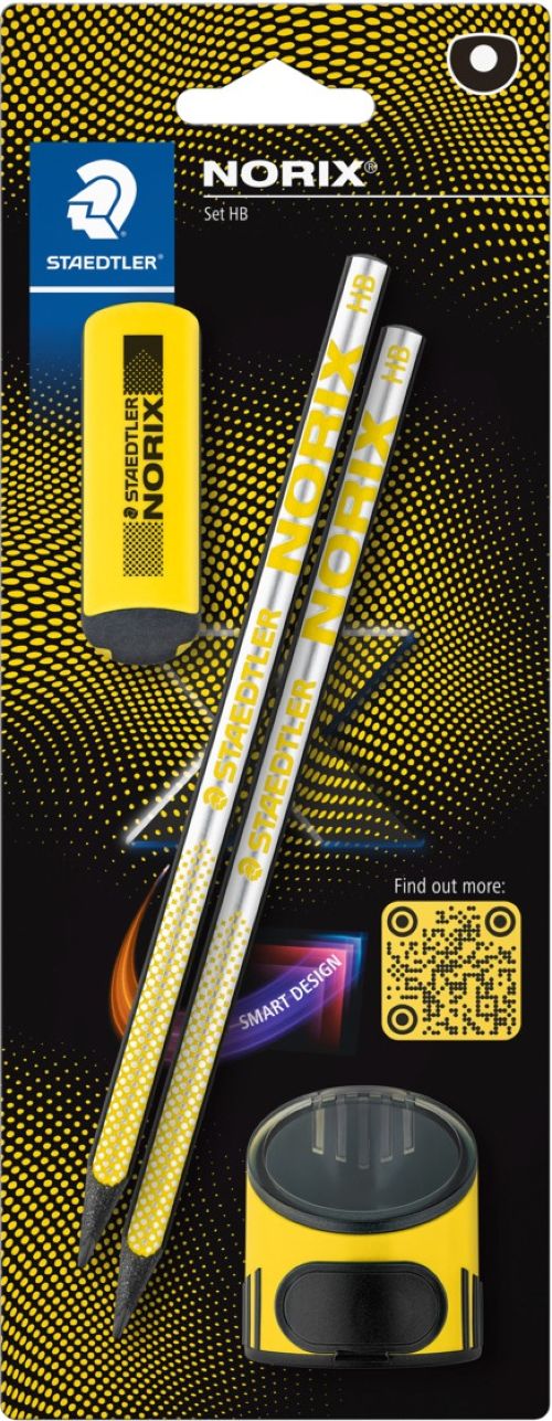 Blister 2 lápiz de grafito norix hb + afilalapices + goma amarillo