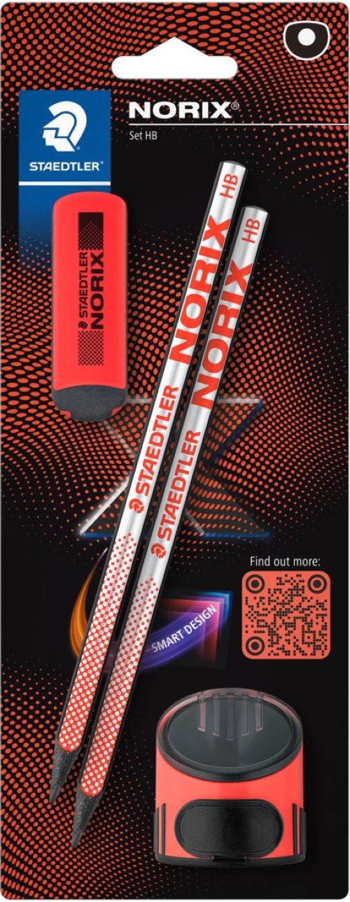 Blister 2 lápiz de grafito norix + afilalápices + goma rojo