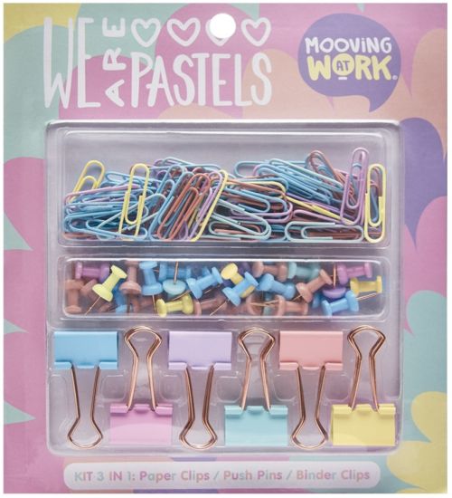SET DE OFICINAL PASTEL PINZAS CLIPS Y PUSH PINS MAW PASTEL