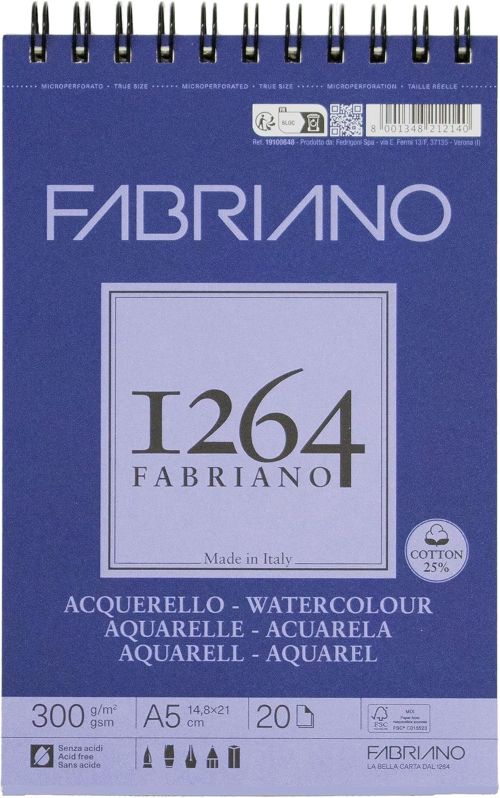 Bloc espiral fabriano 1264 acuarela 25% algodón a5 20h 300g. grano fino