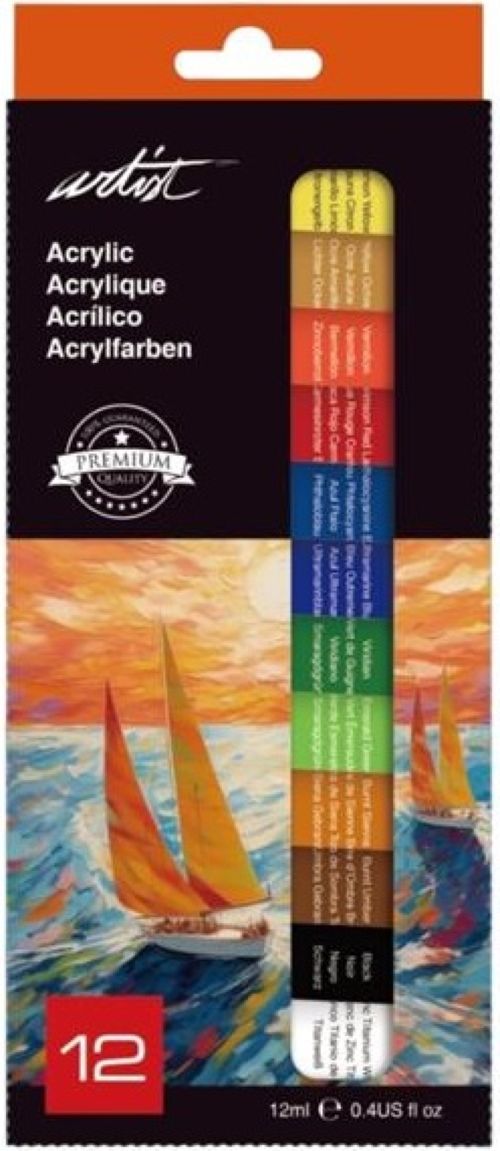 CAJA DE 12 TUBOS DE PINTURA ACRÍLICA DE 12 ML PARA ARTISTAS, COLORES SURTIDOS.